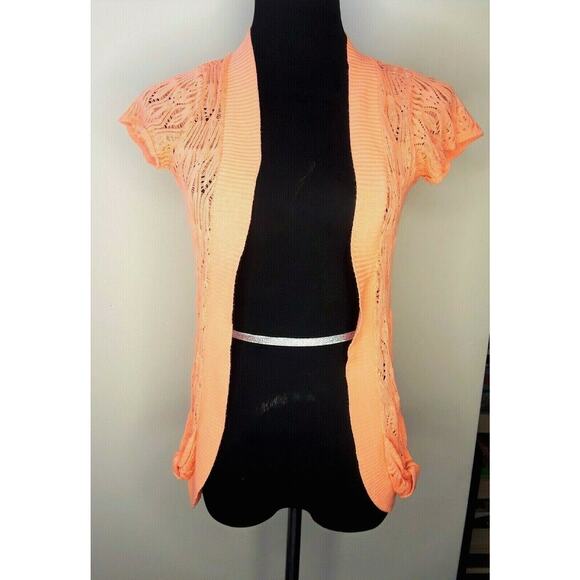 Vanity Cardigan Crocheted Sweater Short Sleeve Open Front Small Coral - Picture 1 of 7